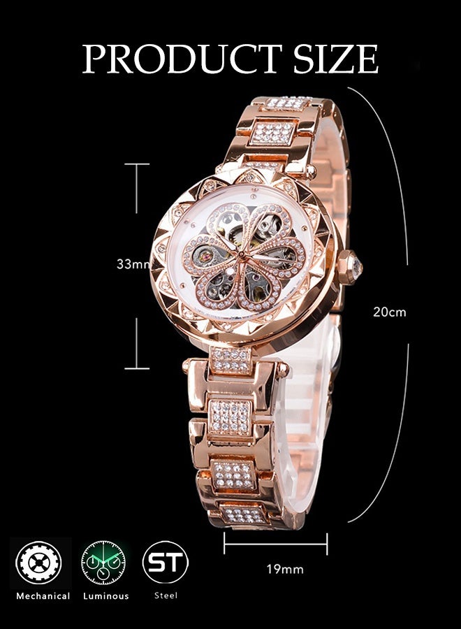DUNISO Women‘s Automatic Mechanical watch ,with Diamond and Carving Flower Craft, Hollow Mechanical Waterproof Wrist Watch with Rose gold strap - Image 2