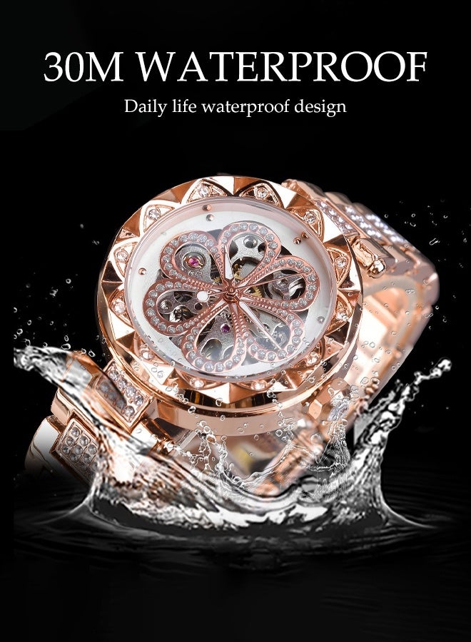 DUNISO Women‘s Automatic Mechanical watch ,with Diamond and Carving Flower Craft, Hollow Mechanical Waterproof Wrist Watch with Rose gold strap - Image 3