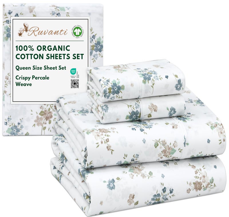 RUVANTI 100% Organic Cotton Sheets Queen Size, Percale Weave, GOTS Certified, 4-Piece Set, Deep Pocket 15", Crisp & Breathable, Soft Durable Bedding, SÃ¡banas AlgodÃ³n OrgÃ¡nico â€“ Halcyon - Image 1