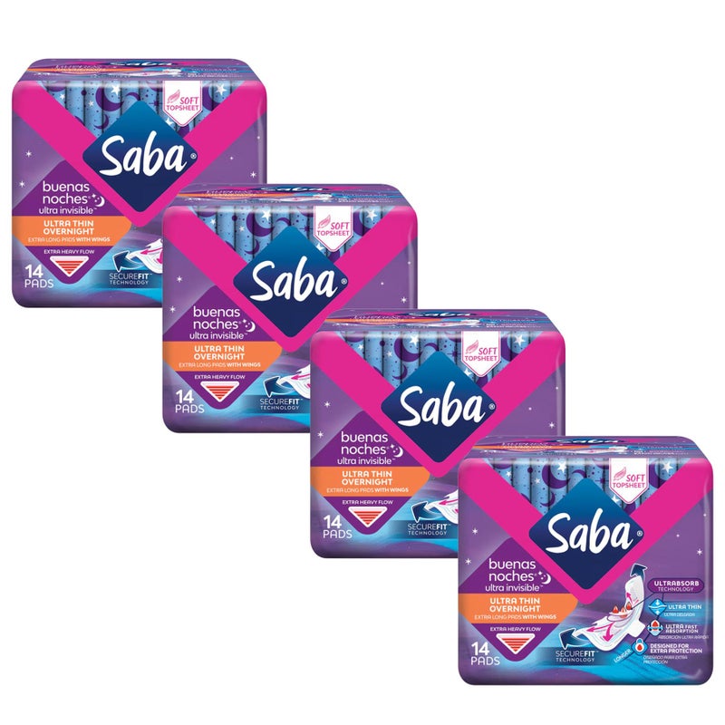 Saba Kombucha SABA Ultra Invisible Ultra Thin Night Pads with Wings Overnight Heavy Absorbency 4Pack of 14 Pads 56 Count - Image 2