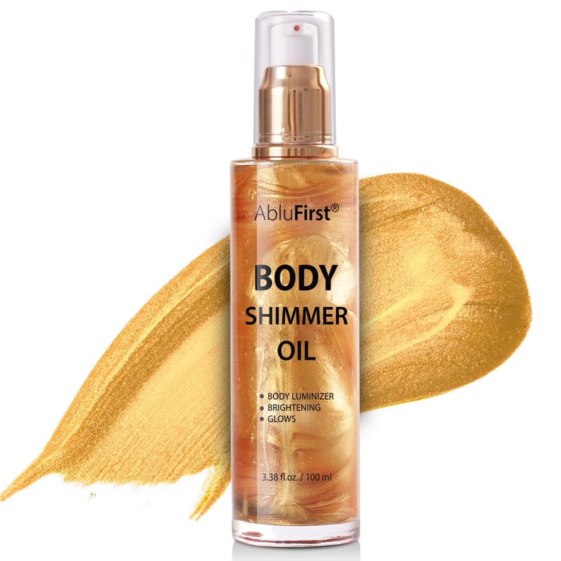 AbluFirst Shimmer Body Oil Summer Body Glitter Moisturizing Light Shimmer Glow Non-Sticky Summer Body Luminizer and Illuminator Smooth (2.8 Fl Oz (Pack of 1), Gold) - Image 1