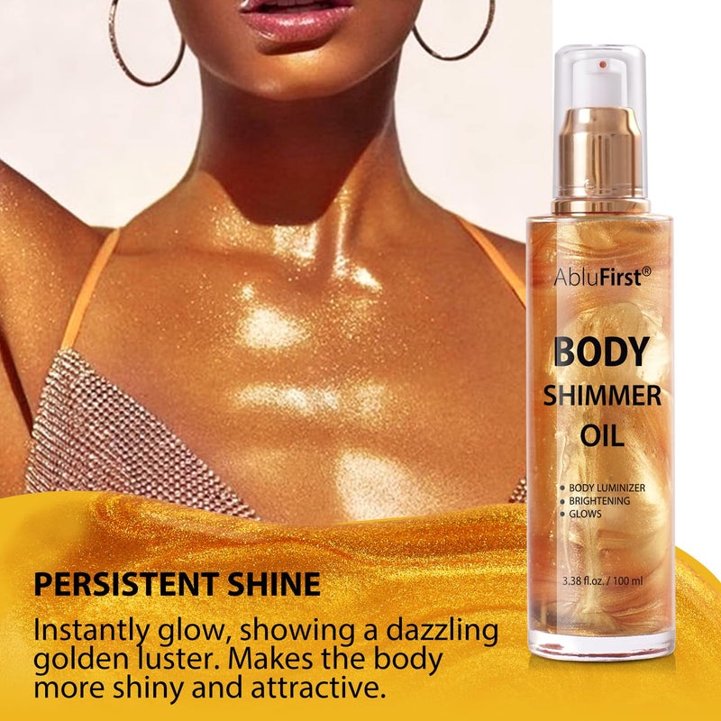AbluFirst Shimmer Body Oil Summer Body Glitter Moisturizing Light Shimmer Glow Non-Sticky Summer Body Luminizer and Illuminator Smooth (2.8 Fl Oz (Pack of 1), Gold) - Image 3