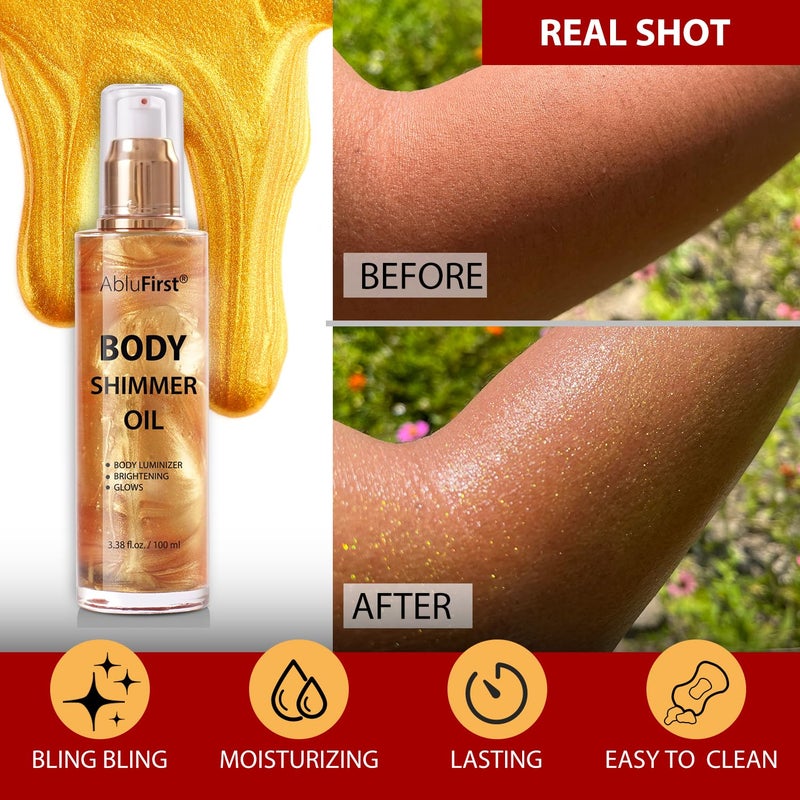 AbluFirst Shimmer Body Oil Summer Body Glitter Moisturizing Light Shimmer Glow Non-Sticky Summer Body Luminizer and Illuminator Smooth (2.8 Fl Oz (Pack of 1), Gold) - Image 4