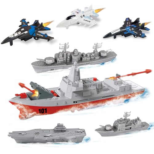 WASAiKA Military Naval Vessel Naval Ship with Launching Cruise Missile and Battle Ship Group Small Scale Pull Back Fighter Jet Ideal Present Army Toys Set for Kids Boys Girls - Image 1