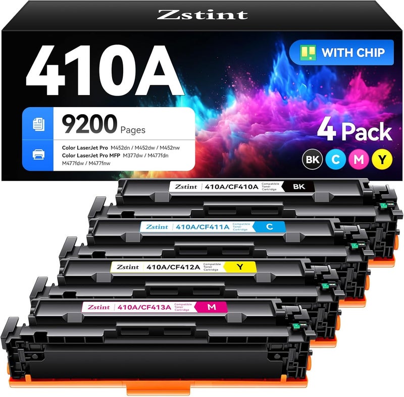 Zstint 410A Toner Cartridge set 4-Pack Replacement for HP 410A 410X CF410A CF411A CF412A CF413A Compatible with HP Color LaserJet Pro MFP M377dw M477fdn M477fdw M477fnw M452dn M452dw M452nw Printer Ink Black - Image 1