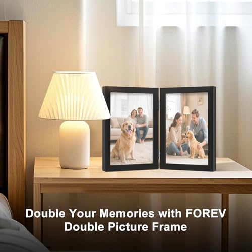 FOREV 4x6 Double Picture Frame Wooden Hinged Photo Frame Definition Glass Stand Vertically on Desktop or Tabletop Black - Image 2