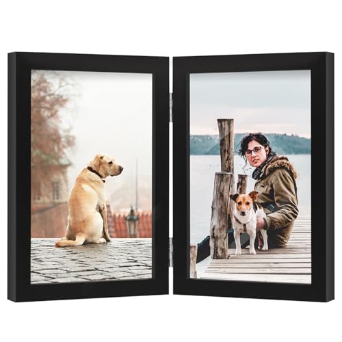 FOREV 4x6 Double Picture Frame Wooden Hinged Photo Frame Definition Glass Stand Vertically on Desktop or Tabletop Black - Image 1