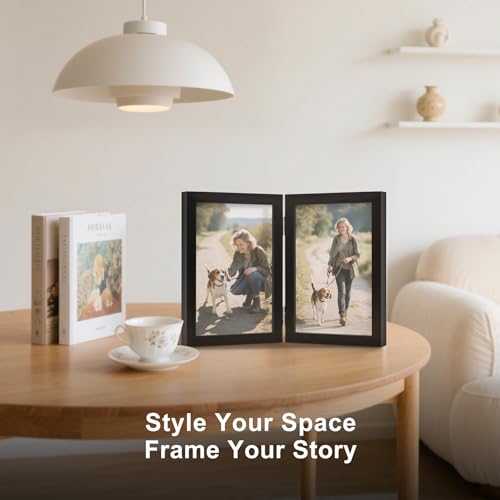 FOREV 4x6 Double Picture Frame Wooden Hinged Photo Frame Definition Glass Stand Vertically on Desktop or Tabletop Black - Image 5