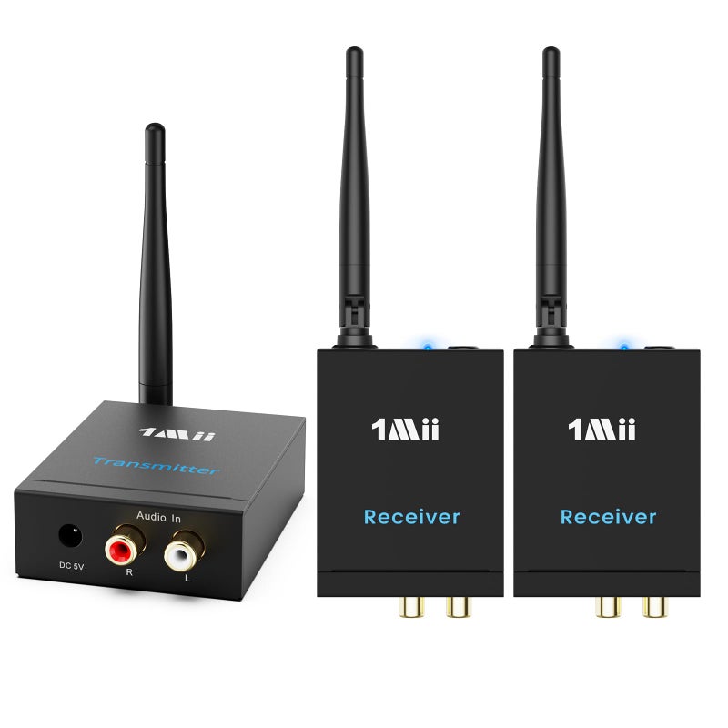 1Mii 2.4GHz (1 TX + 2 RX) Wireless Audio Transmitter and Receiver for TV, 20ms Ultra Low Delay RCA Out/in, 320 ft Range Wireless Adapter for Subwoofer to TV/PC/CD Player, 2 Receivers for Two Speakers - Image 1