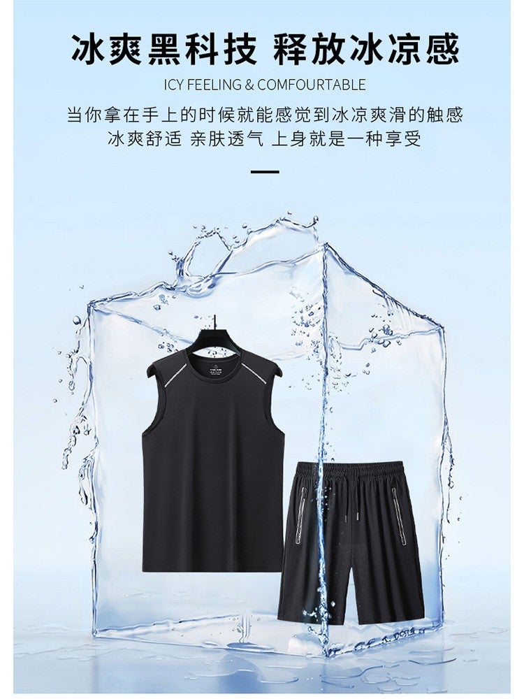 Crewneck Striped Ice Silk Breathable Outdoor Sports Leisure Vest Suit Men'S And Women'S Running Quick-Drying Shorts For - Image 4