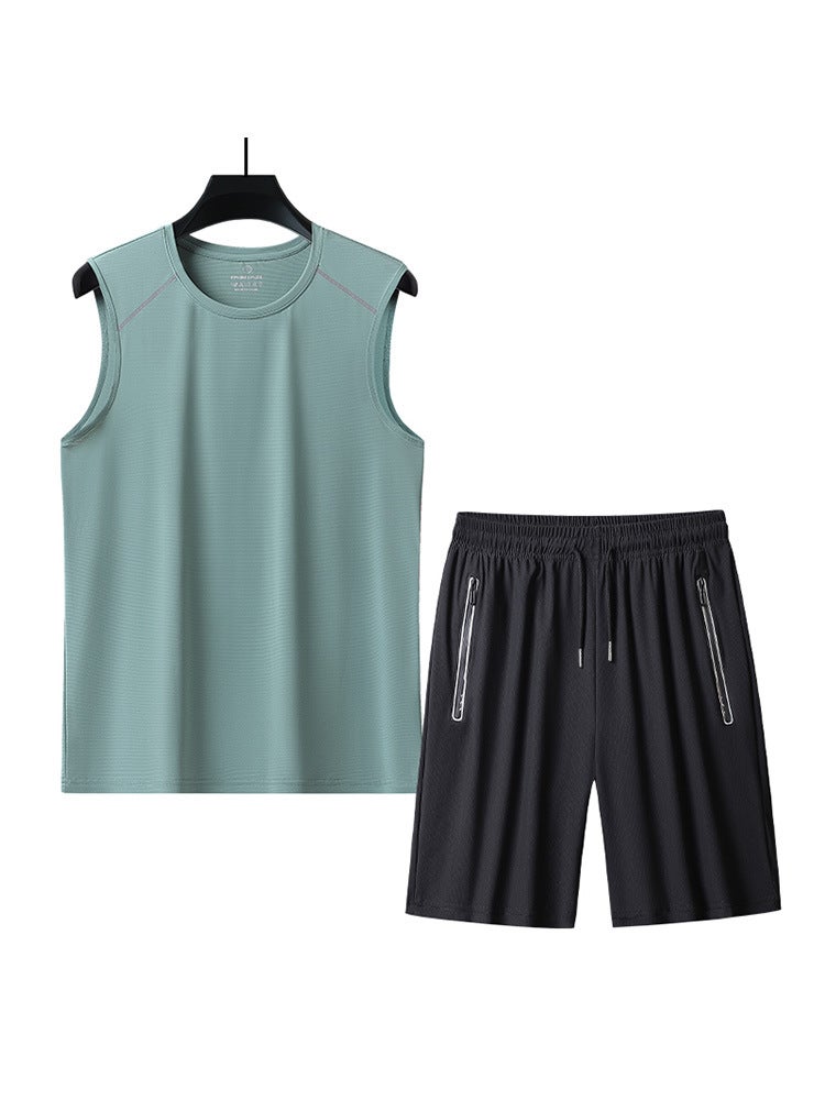 Crewneck Striped Ice Silk Breathable Outdoor Sports Leisure Vest Suit Men'S And Women'S Running Quick-Drying Shorts For - Image 2