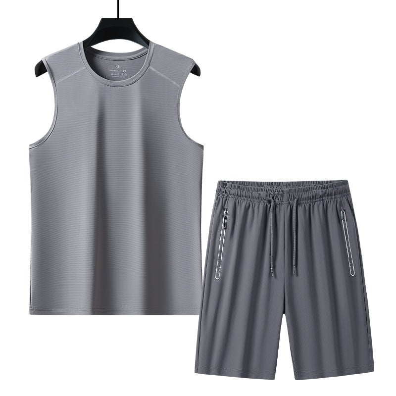 Crewneck Striped Ice Silk Breathable Outdoor Sports Leisure Vest Suit Men'S And Women'S Running Quick-Drying Shorts For - Image 1