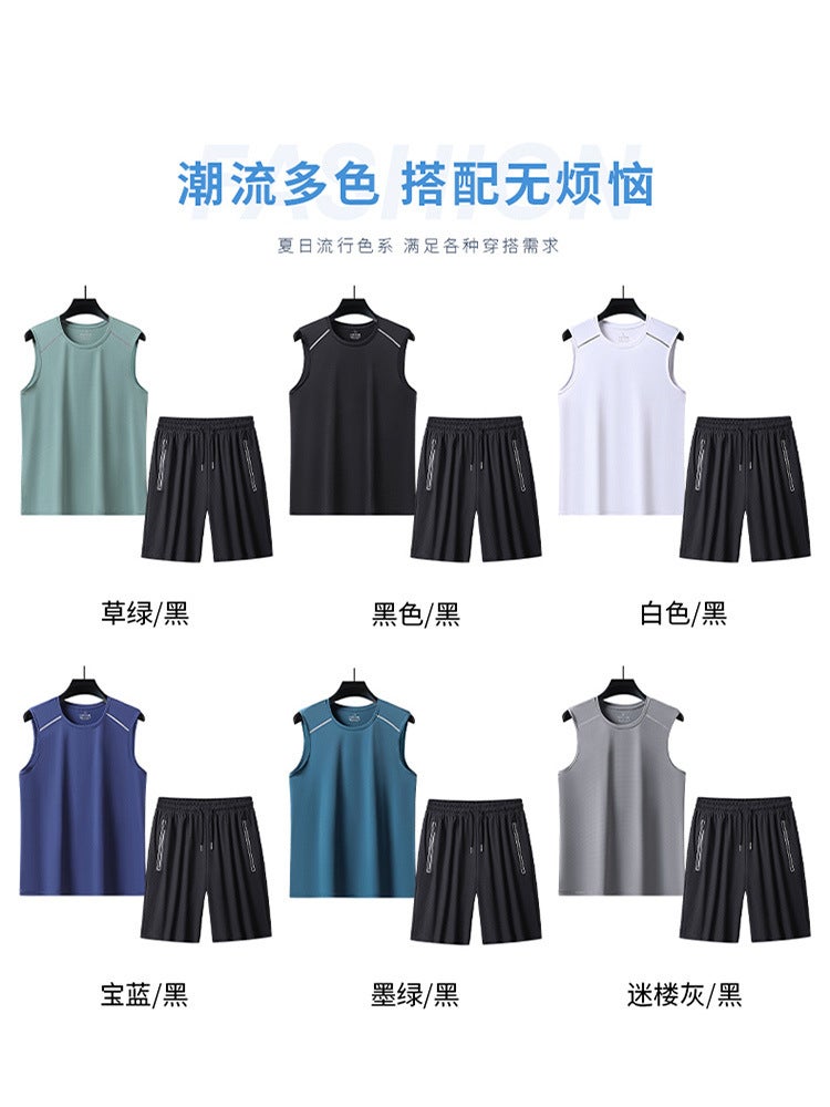 Crewneck Striped Ice Silk Breathable Outdoor Sports Leisure Vest Suit Men'S And Women'S Running Quick-Drying Shorts For - Image 5
