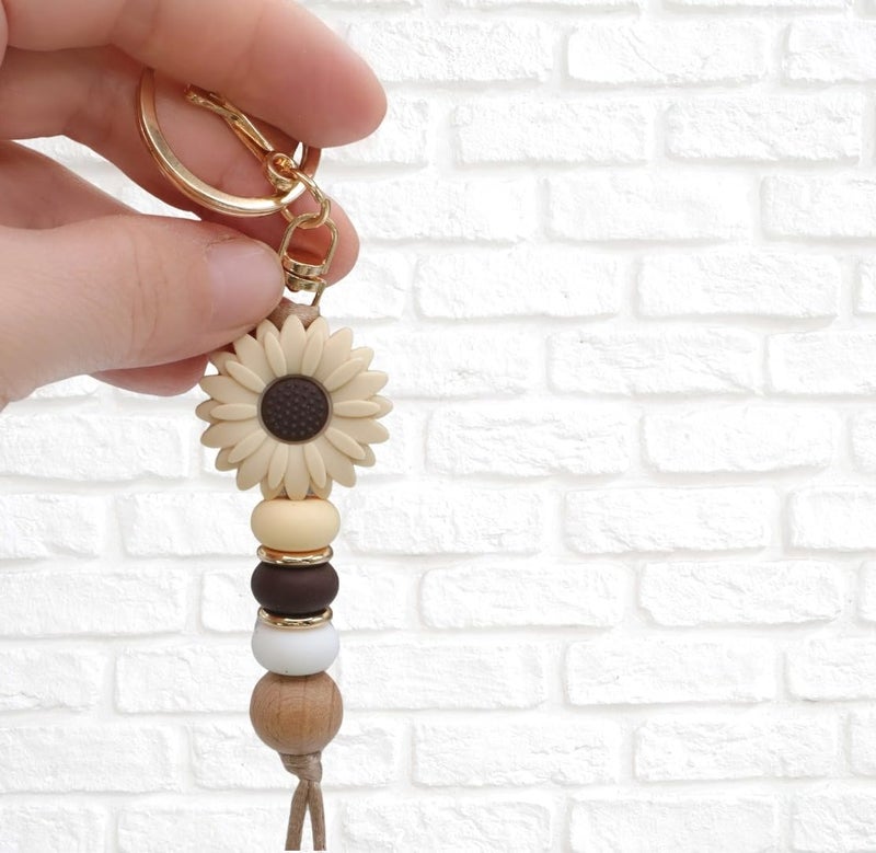 MyfavoriteK Delicate Flower Silicone Beaded Keychain for Women Girls Cute Key Ring Holder for Car Keys Purse Backpack Purse Ornament (Mocha) - Image 2