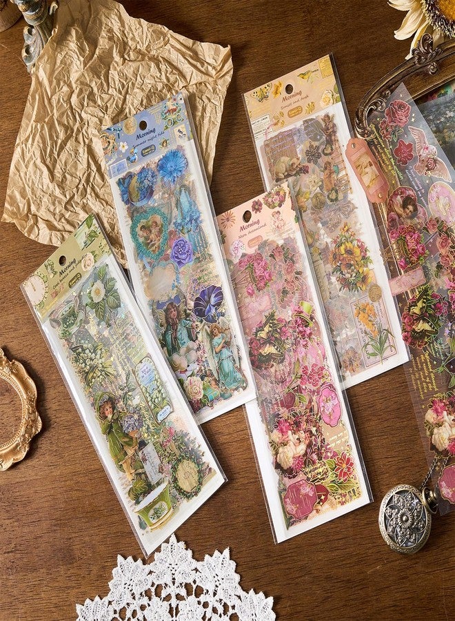 DEOXY Pack of 4 Sheet Design Mix Early Foam Stickers for Plastic Surface Morning Light Xiwei Series Three-Dimensional Laser Gilding European & American Retro Journal Material DIY Self Adhesive 8 cm - Image 1
