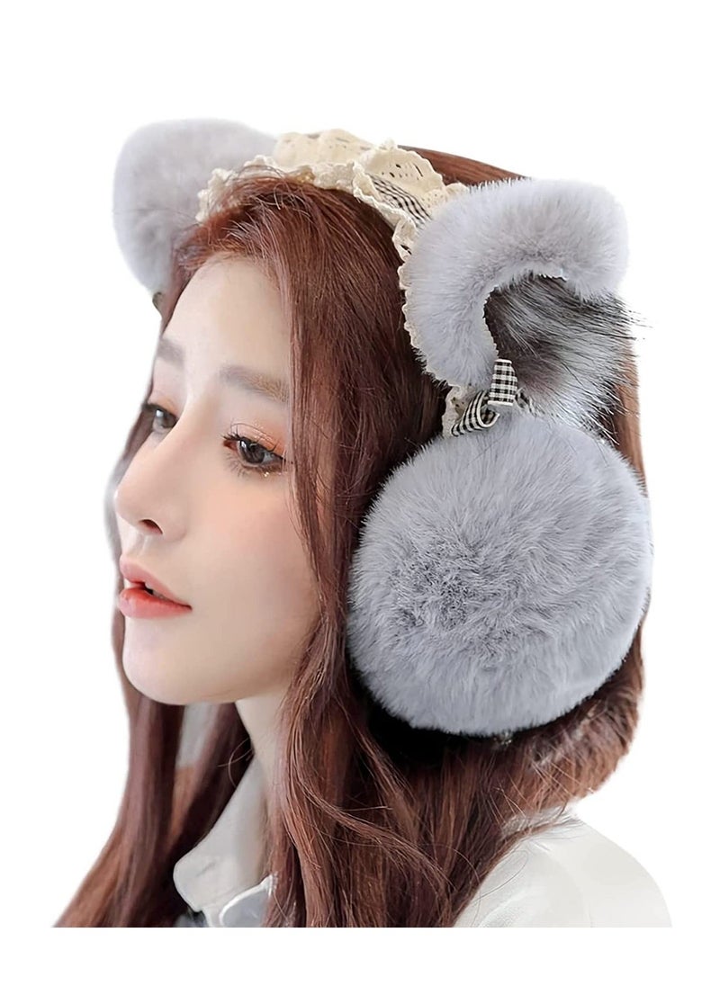 SYOSI Cozy Faux Fur Earmuffs, Winter Thermal Fleece Ear, Ladies Novelty Lace Cosplay Costume Cat Ear Foldable Headband Outdoor Ski Windproof Ear Wrap Protector(Grey) - Image 4