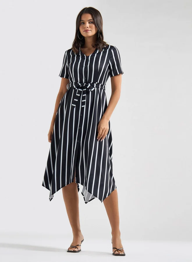 سبلاش فيڤ فستان ميدي مخطط بياقة عادية وحواف غير متماثلة وأكمام قصيرة وحزام