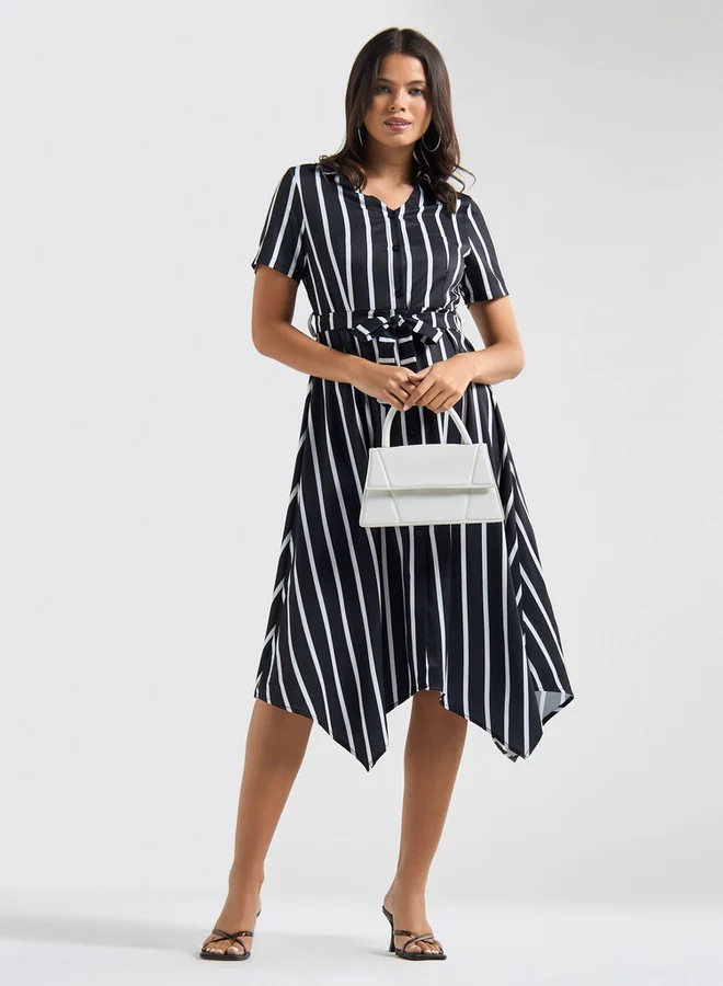 سبلاش فيڤ فستان ميدي مخطط بياقة عادية وحواف غير متماثلة وأكمام قصيرة وحزام