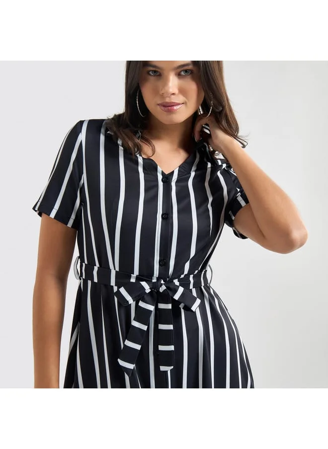 Splash FAV Striped Asymmetric Hem Collared Midi Dress with Belt and Short Sleeves
