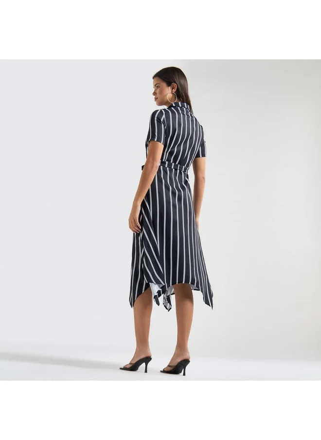 Splash FAV Striped Asymmetric Hem Collared Midi Dress with Belt and Short Sleeves