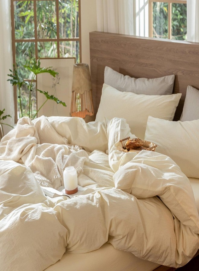 MooMee Wavy Striped Duvet Cover Set 100% Washed Cotton Linen Like Textured Breathable Durable Soft Comfy (Cream White, King 104"x90") - Image 5