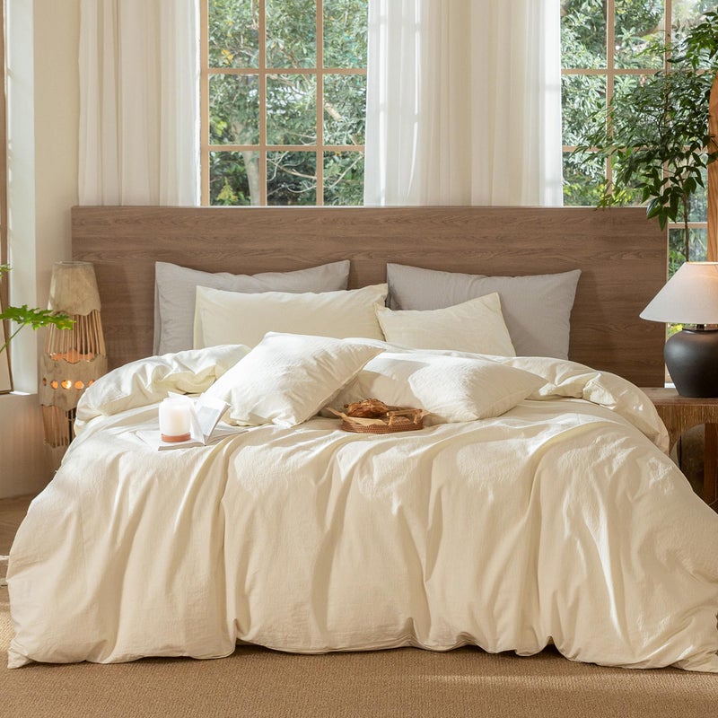 MooMee Wavy Striped Duvet Cover Set 100% Washed Cotton Linen Like Textured Breathable Durable Soft Comfy (Cream White, King 104"x90") - Image 1