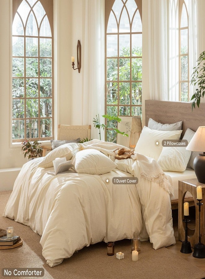 MooMee Wavy Striped Duvet Cover Set 100% Washed Cotton Linen Like Textured Breathable Durable Soft Comfy (Cream White, King 104"x90") - Image 2