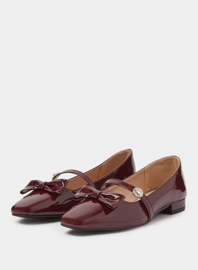 Styli Burgundy Patent Ballerina Flats with Diamante Strap and Bow Detail