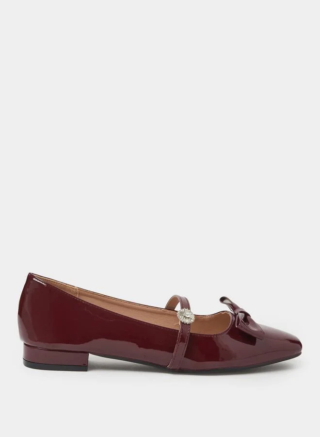 Styli Burgundy Patent Ballerina Flats with Diamante Strap and Bow Detail