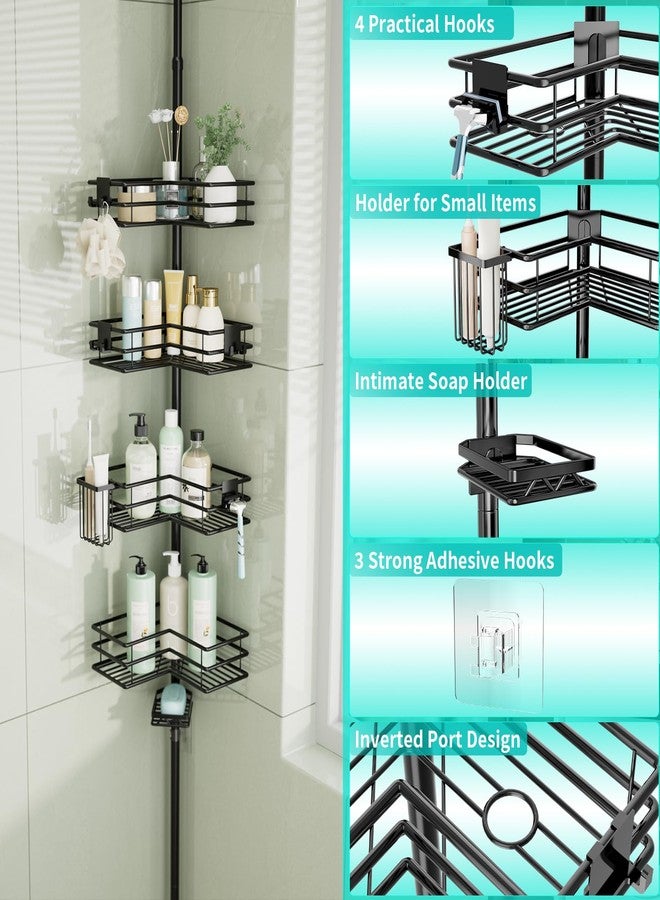 HapiRm Corner Shower Caddy Organizer - Shower Organizer Corner with Soap Holder, Toothbrush Holder and 4 Hooks, Rustproof Bathroom Shelf Tension Pole Available for 27.6 to 108.3 Inch - Black - Image 2