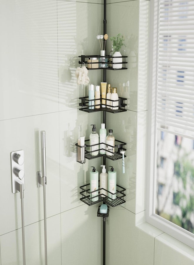 HapiRm Corner Shower Caddy Organizer - Shower Organizer Corner with Soap Holder, Toothbrush Holder and 4 Hooks, Rustproof Bathroom Shelf Tension Pole Available for 27.6 to 108.3 Inch - Black - Image 1