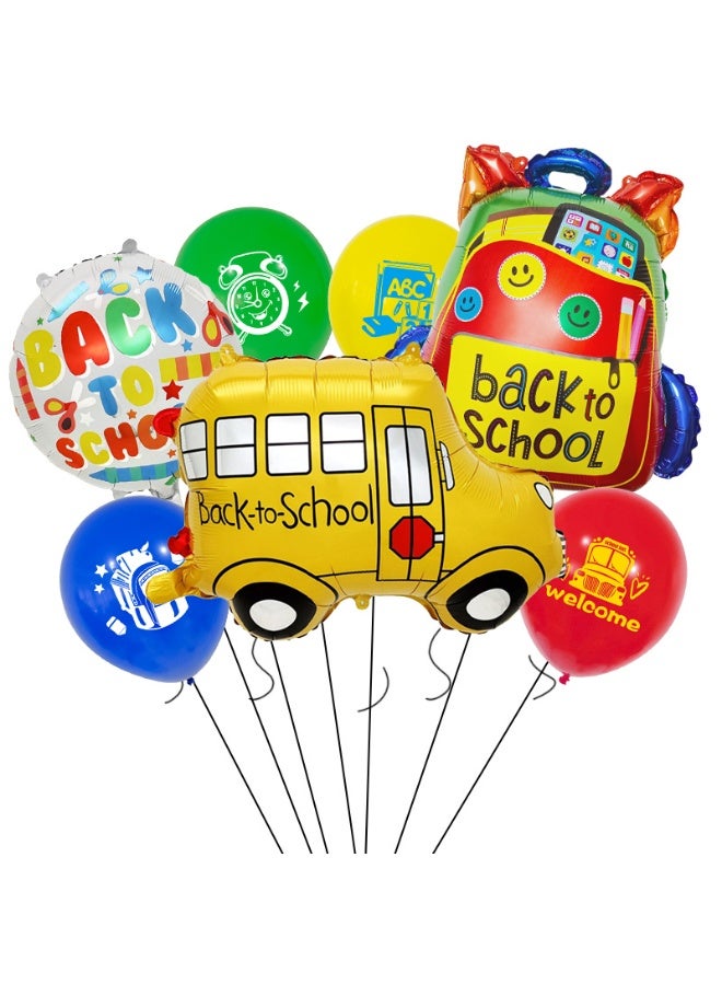 دايتويز مجموعة ديكورات العودة إلى المدرسة - 7 بالونات كرتونية من القصدير لليوم الأول من المدرسة، لوازم حفلات مدرسية بتصميمات حافلة مدرسية، وقلم رصاص، وساعة، وبالونات متينة عالية الجودة من الهيليوم لديكور الفصل أو المنزل. - Image 1
