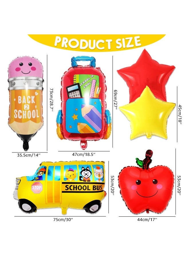 دايتويز مجموعة ديكورات العودة إلى المدرسة - 7 بالونات كرتونية من القصدير لليوم الأول من المدرسة، لوازم حفلات مدرسية بتصميمات حافلة مدرسية، وقلم رصاص، وساعة، وبالونات متينة عالية الجودة من الهيليوم لديكور الفصل أو المنزل. - Image 2