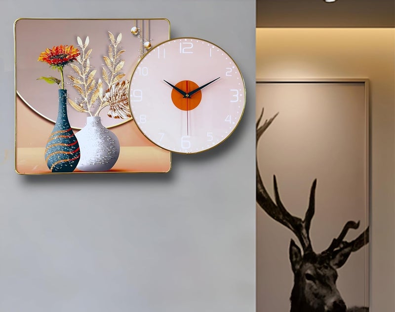 De'rons Derons Tempered Glass Wall Art Painting Clock for Living Room with Crystals Picture Photo Frame Silent Stylish Decorative Wall Clocks for Home Bedroom Office Hotel Cafe Decoration Gift DC54150 - Image 1