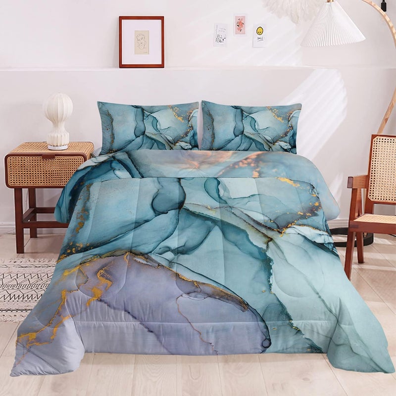 HOSIMA Marble Abstract Bedding Set Twin Size, Gold and Blue Marble Comforter Set for Girls Kids Women Bedroom Decor,Bedding Comforter Sets 3 Pieces with 2 Pillowcases. - Image 3