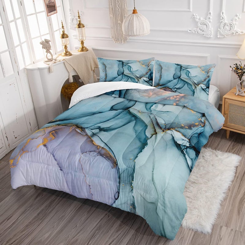 HOSIMA Marble Abstract Bedding Set Twin Size, Gold and Blue Marble Comforter Set for Girls Kids Women Bedroom Decor,Bedding Comforter Sets 3 Pieces with 2 Pillowcases. - Image 2