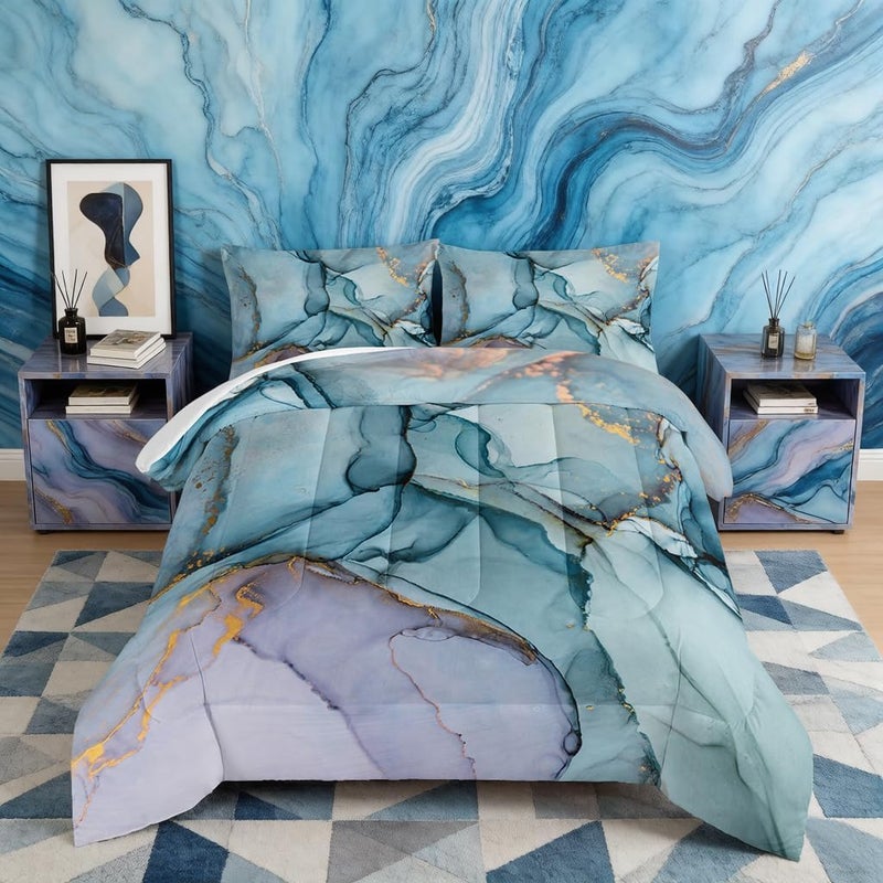 HOSIMA Marble Abstract Bedding Set Twin Size, Gold and Blue Marble Comforter Set for Girls Kids Women Bedroom Decor,Bedding Comforter Sets 3 Pieces with 2 Pillowcases. - Image 1