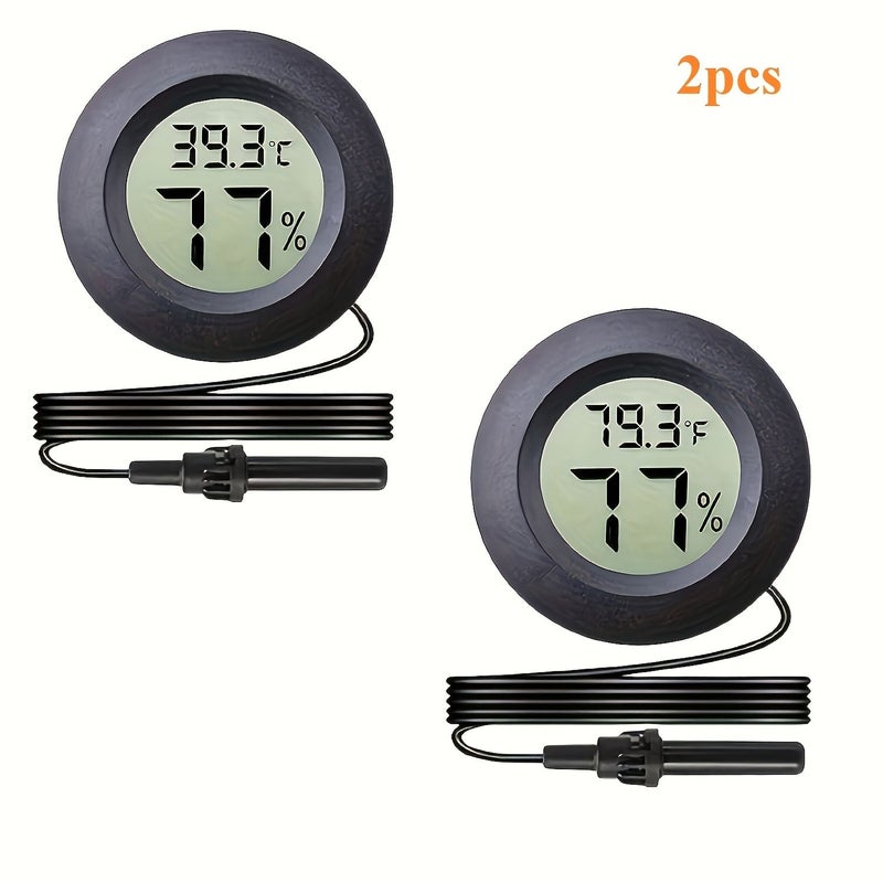 2 Black Digital Thermometer Hygrometer with Probe Switchable Celsius Fahrenheit for Reptile Incubators Garden - Image 1