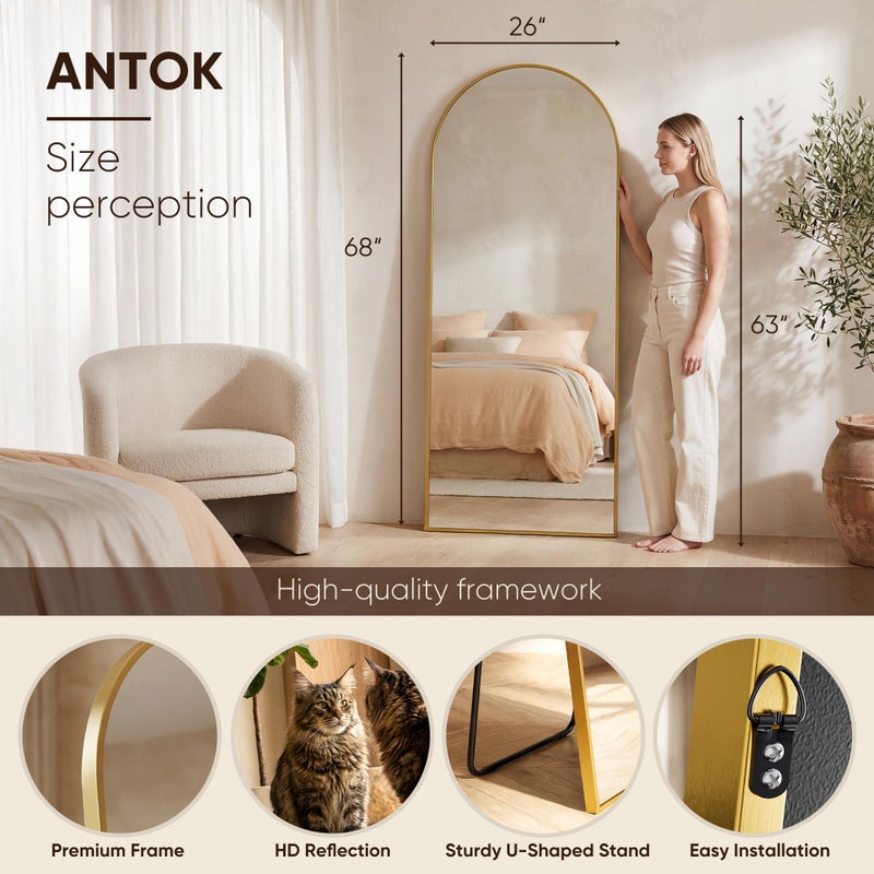 Antok 68" x26â€ Arched Full Length Floor Mirror, Gold Aluminum Frame, Free Standing/Wall Mount/Leaning for Bedroom, Living Room, Dressing Room - Image 3