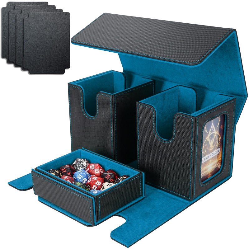 AFIING MTG Commander Card Storage Box - Fits 200 Double Sleeved Cards,3-in-1Card Deck Case,Strong Magnet Card Organizer For Magic Commander TCG CCG,4Dividers &2 Toploaders, Black/Cyan - Image 1