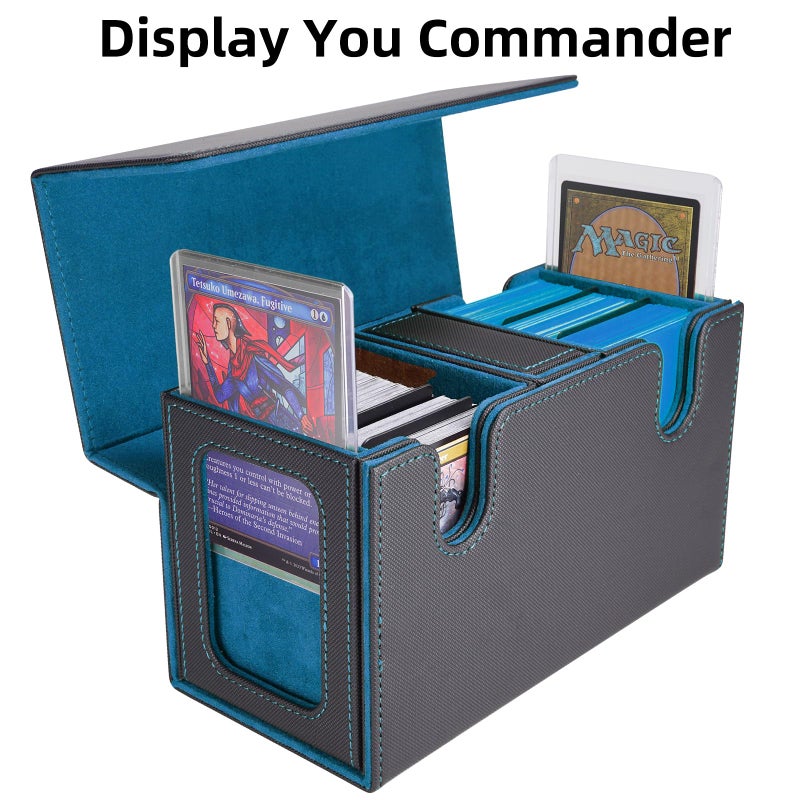 AFIING MTG Commander Card Storage Box - Fits 200 Double Sleeved Cards,3-in-1Card Deck Case,Strong Magnet Card Organizer For Magic Commander TCG CCG,4Dividers &2 Toploaders, Black/Cyan - Image 2
