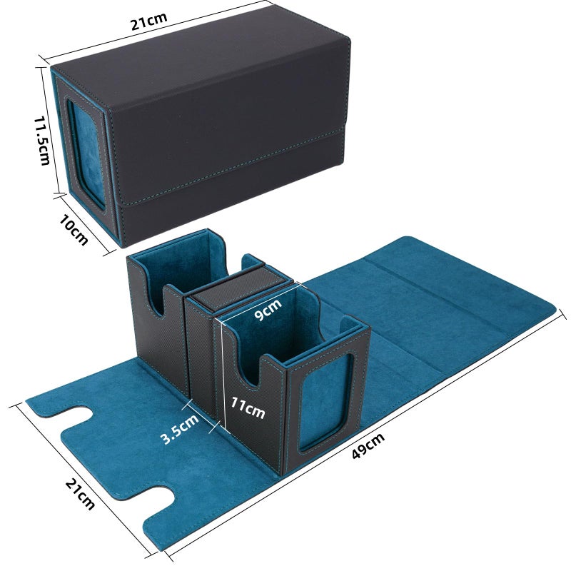 AFIING MTG Commander Card Storage Box - Fits 200 Double Sleeved Cards,3-in-1Card Deck Case,Strong Magnet Card Organizer For Magic Commander TCG CCG,4Dividers &2 Toploaders, Black/Cyan - Image 3