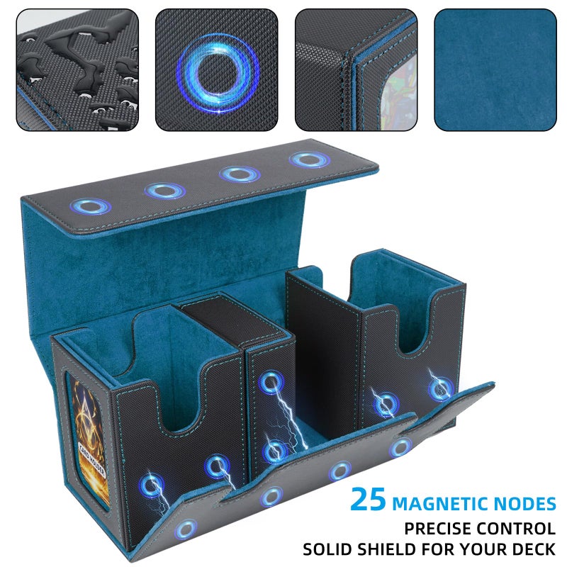 AFIING MTG Commander Card Storage Box - Fits 200 Double Sleeved Cards,3-in-1Card Deck Case,Strong Magnet Card Organizer For Magic Commander TCG CCG,4Dividers &2 Toploaders, Black/Cyan - Image 5