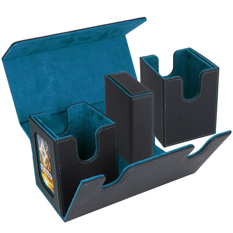 AFIING MTG Commander Card Storage Box - Fits 200 Double Sleeved Cards,3-in-1Card Deck Case,Strong Magnet Card Organizer For Magic Commander TCG CCG,4Dividers &2 Toploaders, Black/Cyan - Image 4