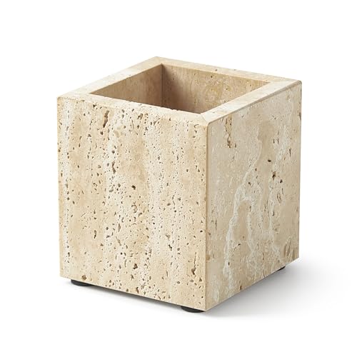 Zilukar Real Natural Travertine Marble Toothbrush Holder Pen Holder Makeup Brush Holder Utensil Holder Genuine Stone Rectangular Bathroom Tumbler Cup Durable Office Home Countertop Organizer - Image 1