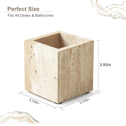 Zilukar Real Natural Travertine Marble Toothbrush Holder Pen Holder Makeup Brush Holder Utensil Holder Genuine Stone Rectangular Bathroom Tumbler Cup Durable Office Home Countertop Organizer - Image 3