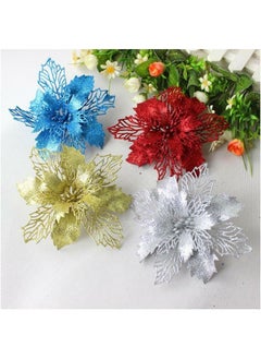 ACLIX Pack Of Four Artificial Flower for Christmas Tree Colorful Glitter Flowers DIY Home Ornaments  - Image 1