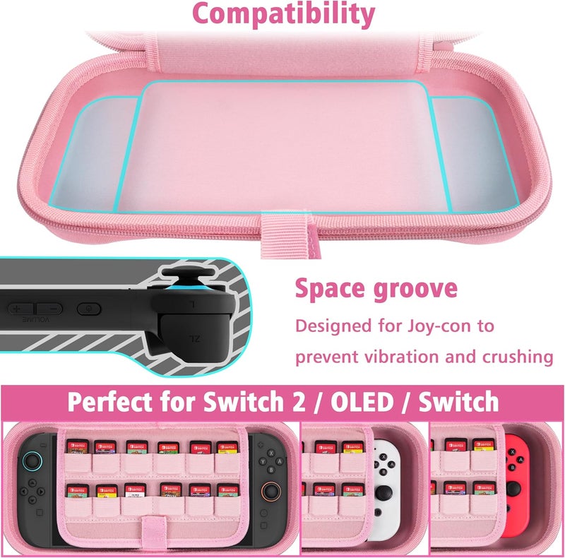 TIKOdirect Carrying Case for Nintendo Switch 2 (2025) & 2021 OLED & 2017, Travel Hard Shell Portable Bag with 24 Game Card Slots, Switch 2 Carrying Case for Accessory Kits, Pink - Image 4