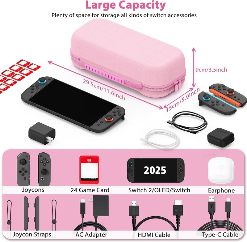 TIKOdirect Carrying Case for Nintendo Switch 2 (2025) & 2021 OLED & 2017, Travel Hard Shell Portable Bag with 24 Game Card Slots, Switch 2 Carrying Case for Accessory Kits, Pink - Image 5