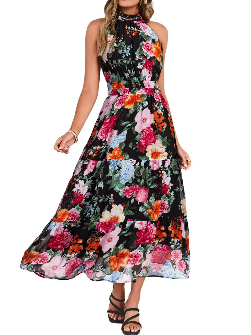 Simplee Womens Summer Halter Wedding Guest Dress Maxi Floral Vacation Boho Sundresses Flowy Formal Long Travel Dresses 2026(X-Large,Black) - Image 1